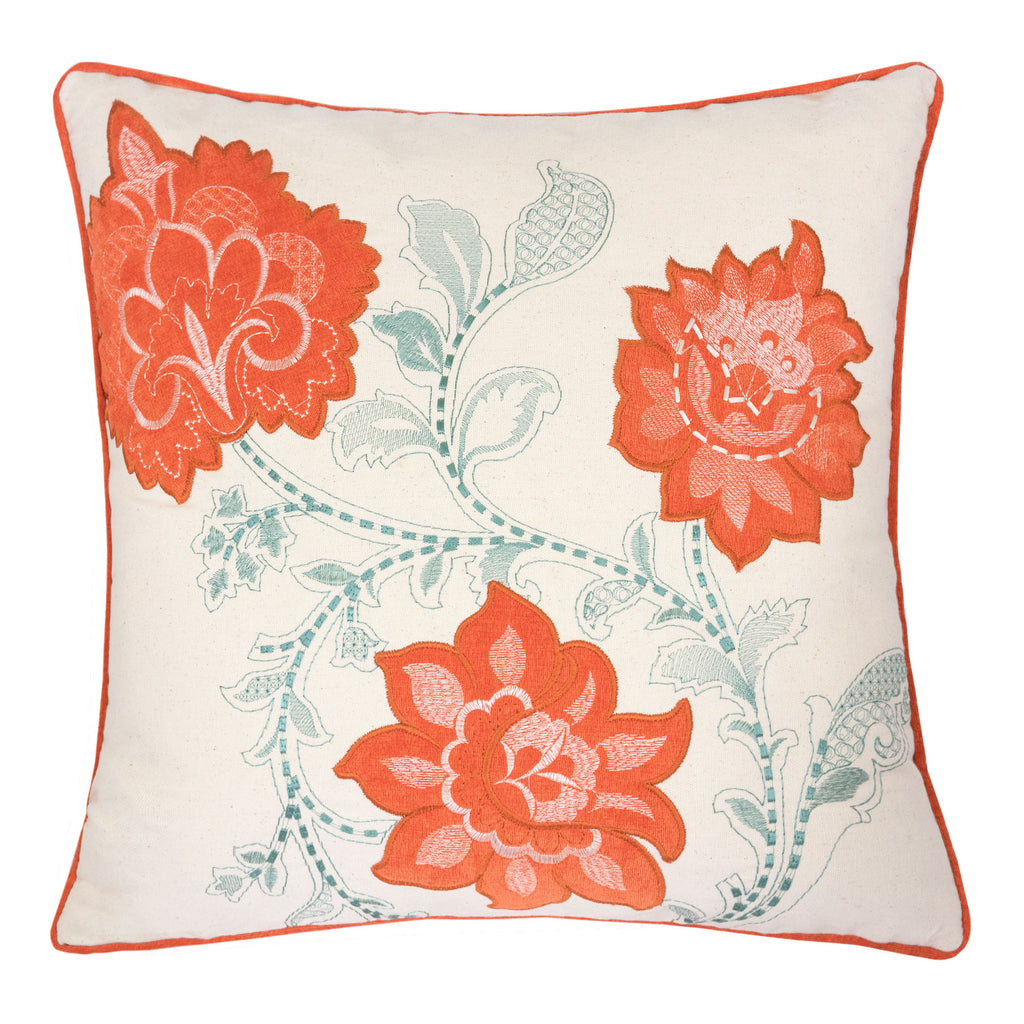 Embroidered Applique Whimsical Orange Poly Linen Floral Pillow Home