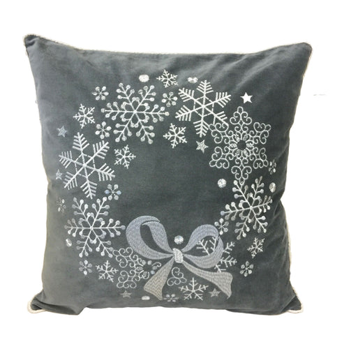 Fancy Holiday Reef Silver Embroidered Poly Velvet Gray Designer Pillow