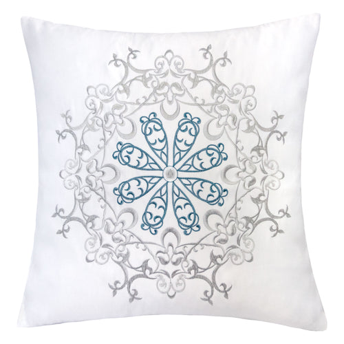 Embroidered White and Teal Blues Throw Pillow