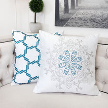 Embroidered White and Teal Blues Throw Pillow