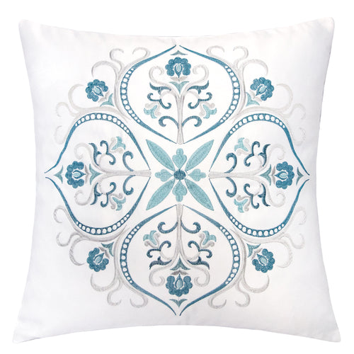 Embroidered White and Teal Blues Throw Pillow