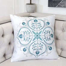 Embroidered White and Teal Blues Throw Pillow