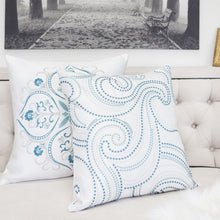 Embroidered White, Teal and Tan Throw Pillow