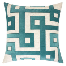 Natural Linen Look Teal Lullita Applique Geo Throw Pillow