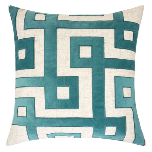 Natural Linen Look Teal Lullita Applique Geo Throw Pillow