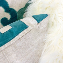 Natural Linen Look Teal Lullita Applique Geo Throw Pillow