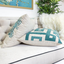 Natural Linen Look Teal Lullita Applique Geo Throw Pillow