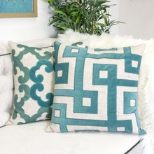 Natural Linen Look Teal Lullita Applique Geo Throw Pillow