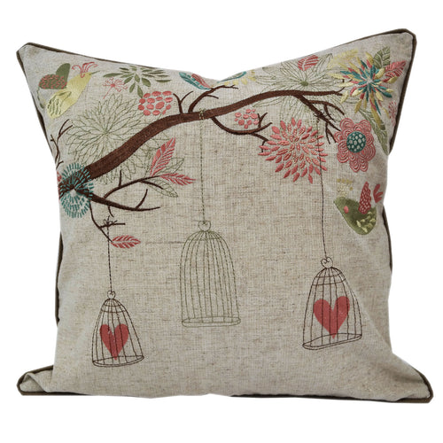 Embroidered Whimsical Shabby Chic Garden Poly Linen Throw Pillow