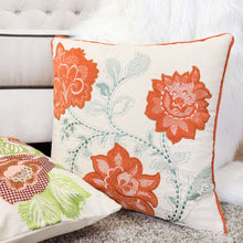 Embroidered Applique Whimsical Orange Poly Linen Floral Pillow