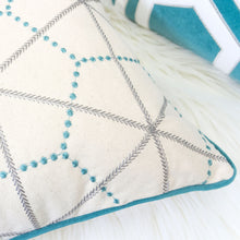 Embroidered Linen Geometric Turquoise Designer pillow 100% Cotton