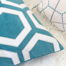Applique Turquoise Velvet with white Geometric Designer Pillow