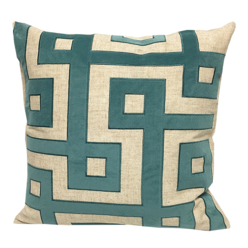 Natural Linen Look Teal Lullita Applique Throw Pillow