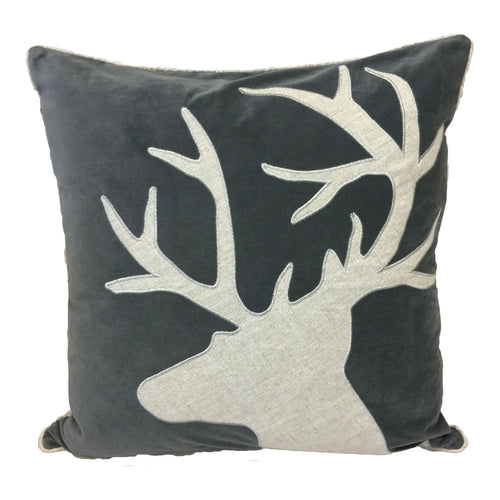 Holiday Reindeer shiny linen Applique  Poly Velvet Designer Pillow with Shimmery poly linen micro tubing and silver stiching