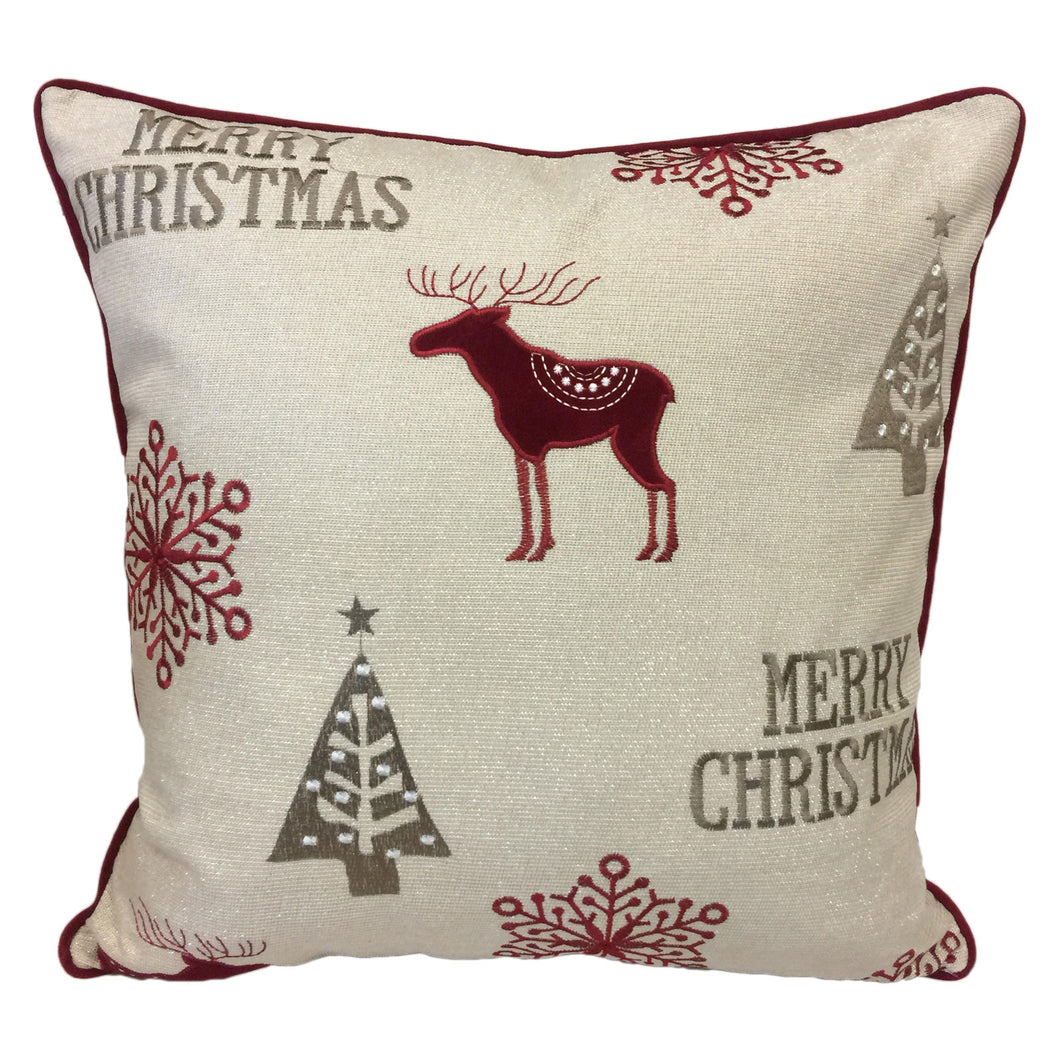Merry Christmas Poly Linen Embroidered and Applique Designer pillow with red poly Velvet Back Designer Pillow