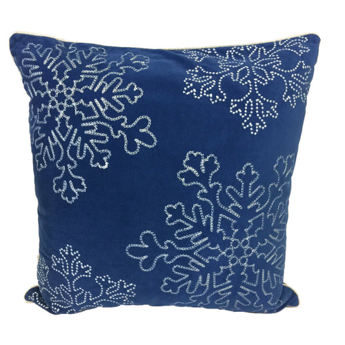 Silver Snow Flakes Embroidered  Holiday Indigio Poly Velvet Designer Pillow with Shimmery poly linen micro tubing