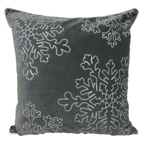 Silver Snow Flakes Embroidered  Holiday Gray Poly Velvet Designer Pillow with Shimmery poly linen micro tubing