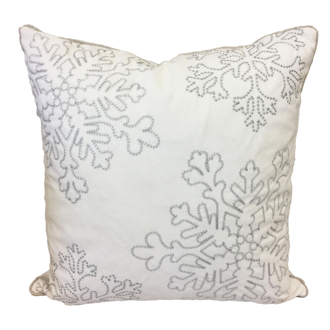 Silver Snow Flakes Embroidered  Holiday Poly Velvet Designer Pillow with Shimmery poly linen micro tubing