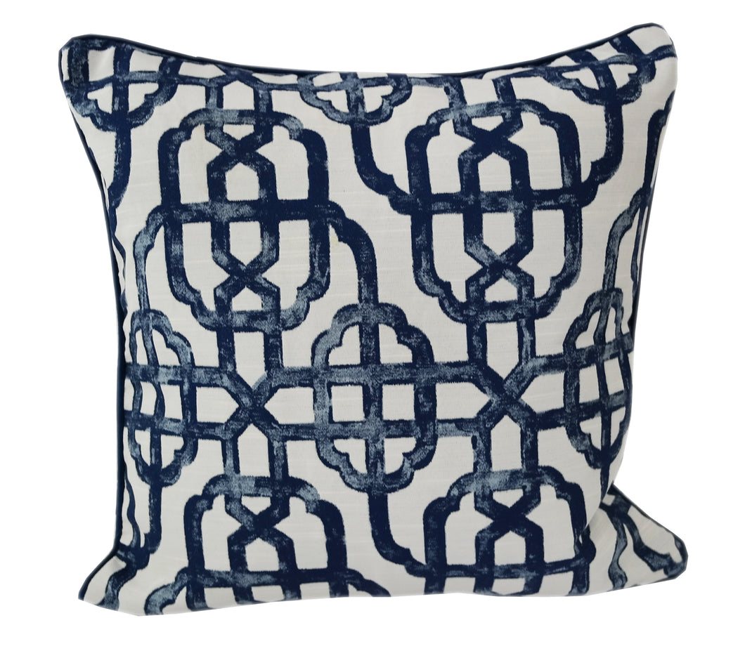 Jacquard Taupe Blue on white woven throw pillows